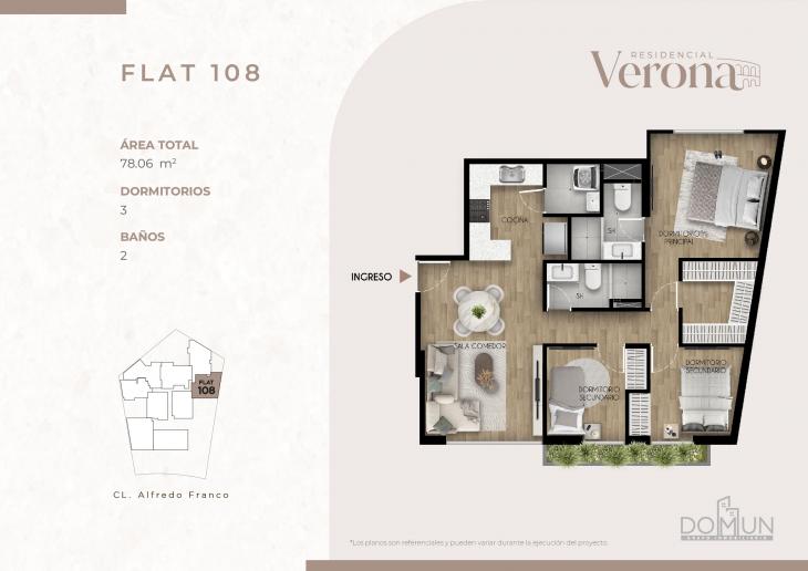 Plano del modelo Dpto. 108 del proyecto Residencial Verona en Santiago De Surco