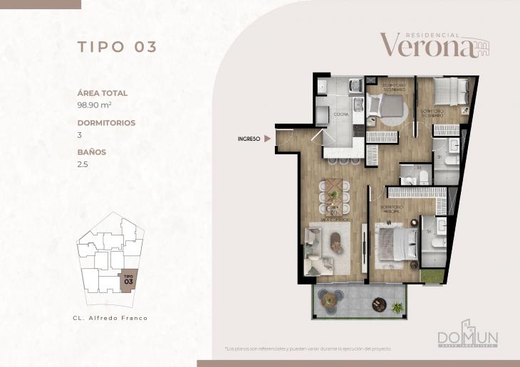 Plano del modelo TIPO 3 del proyecto Residencial Verona en Santiago De Surco