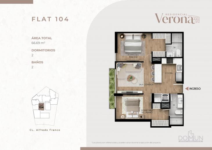 Plano del modelo Dpto. 104 del proyecto Residencial Verona en Santiago De Surco