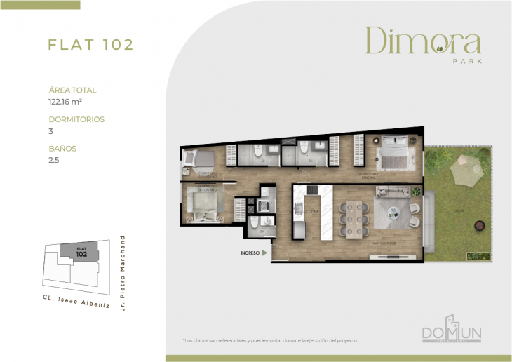 Plano del modelo Dpto. 102 del proyecto Dimora Park en San Borja