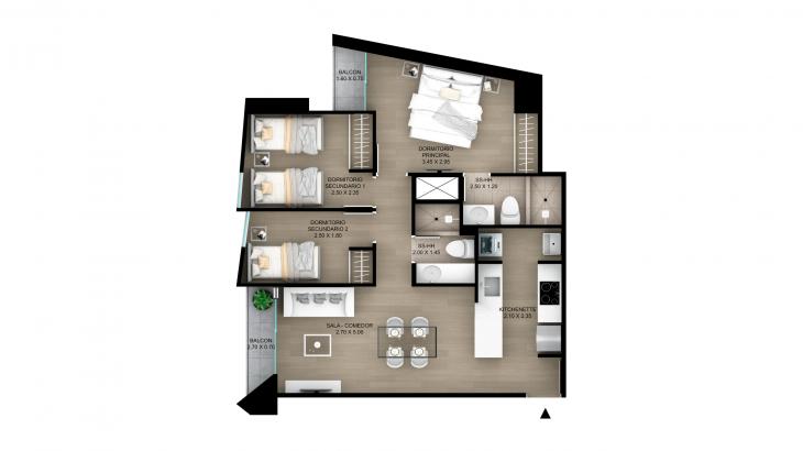 Plano del modelo Tipo 3 del proyecto Skyline en Magdalena Del Mar