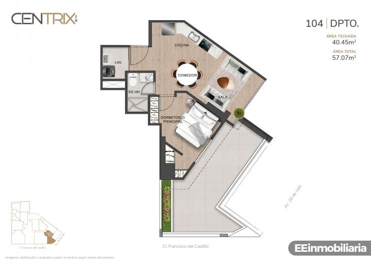 Plano del modelo Dpto. 104 del proyecto Centrix 28 en Miraflores