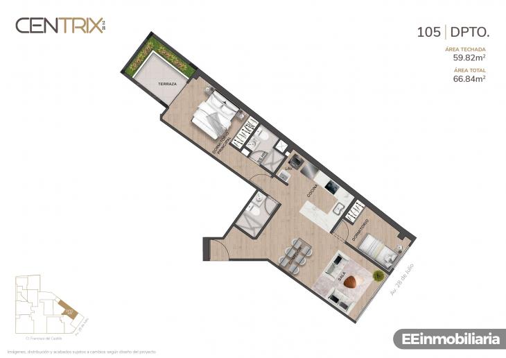 Plano del modelo Dpto. 105 del proyecto Centrix 28 en Miraflores