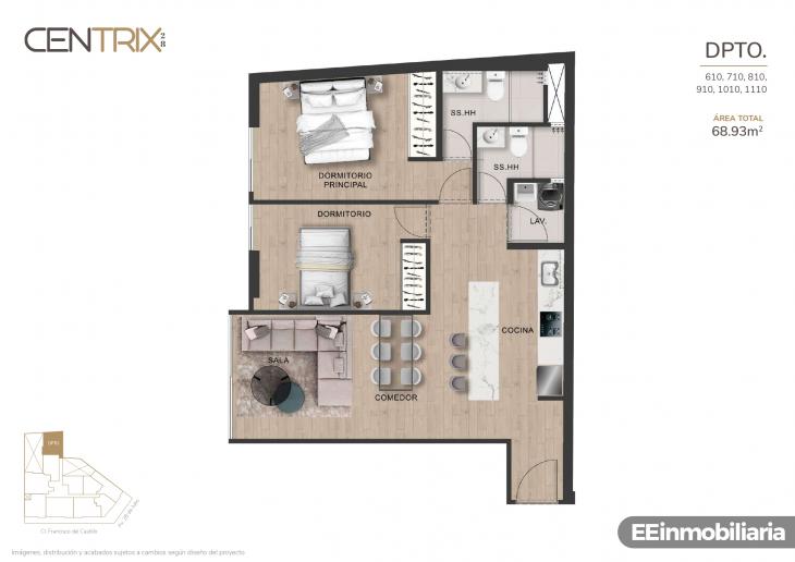 Plano del modelo Dpto. 1110 del proyecto Centrix 28 en Miraflores