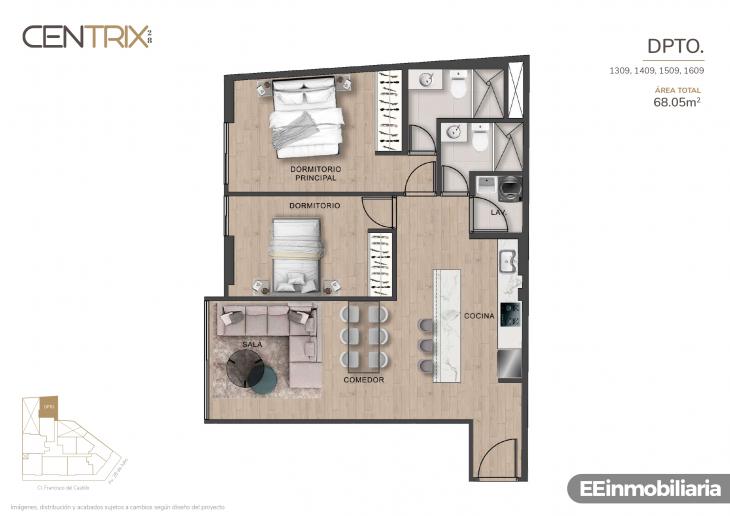 Plano del modelo Dpto. 1509 del proyecto Centrix 28 en Miraflores