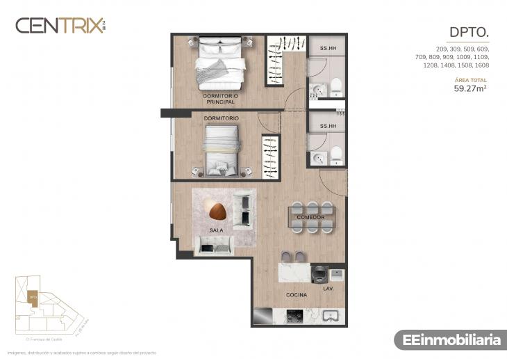 Plano del modelo Dpto. 1208 del proyecto Centrix 28 en Miraflores