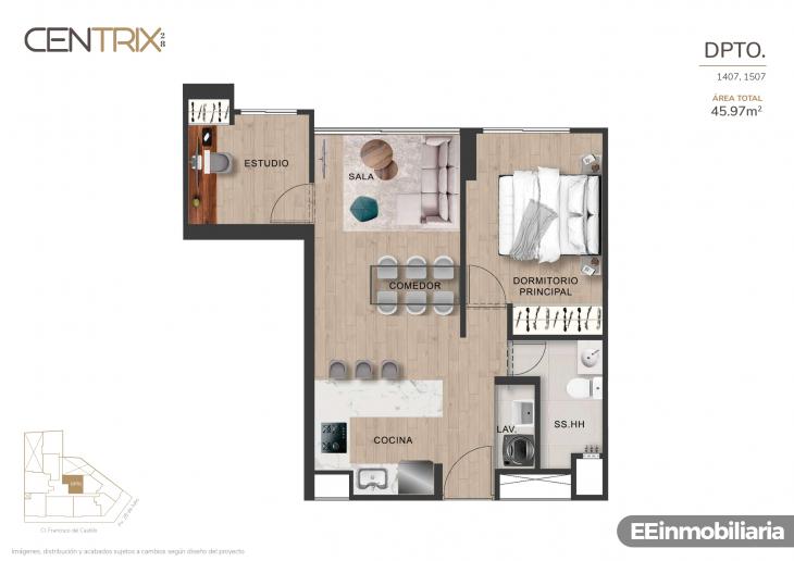 Plano del modelo Dpto. 1507 del proyecto Centrix 28 en Miraflores