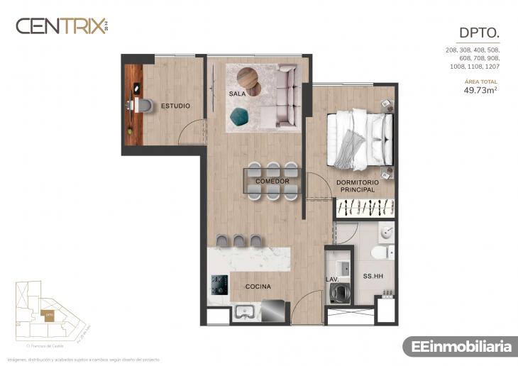 Plano del modelo Dpto. 1207 del proyecto Centrix 28 en Miraflores