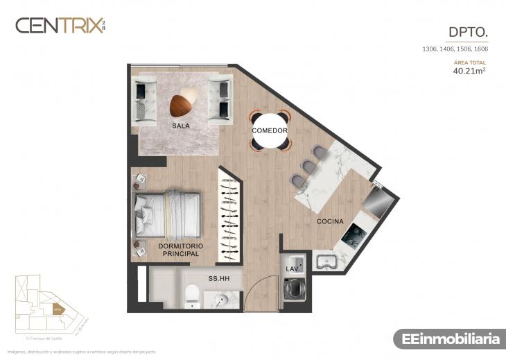 Plano del modelo Dpto. 1506 del proyecto Centrix 28 en Miraflores