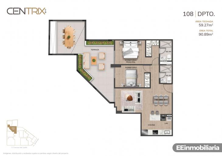 Plano del modelo Dpto. 108 del proyecto Centrix 28 en Miraflores