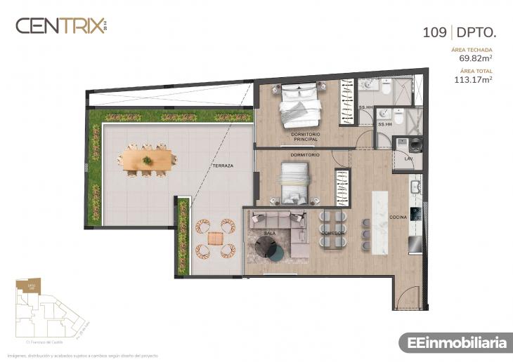 Plano del modelo Dpto. 109 del proyecto Centrix 28 en Miraflores