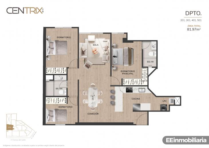 Plano del modelo Dpto. 501 del proyecto Centrix 28 en Miraflores
