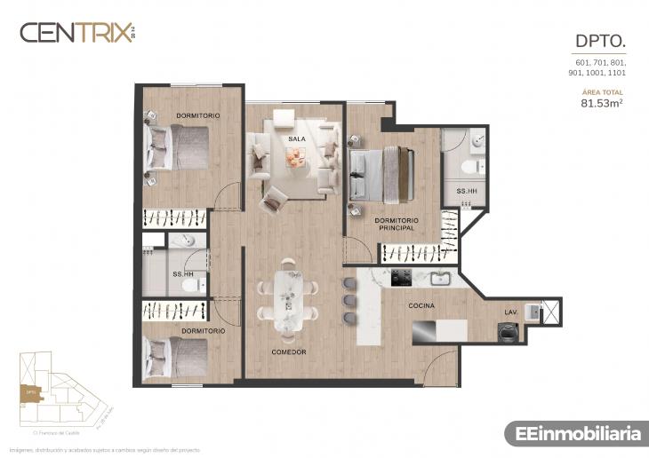 Plano del modelo Dpto. 901 del proyecto Centrix 28 en Miraflores