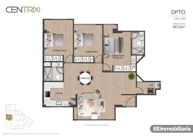 Plano del modelo Dpto. 1301 del proyecto Centrix 28 en Miraflores