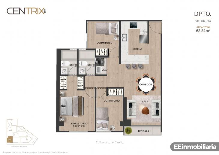 Plano del modelo Dpto. 302 del proyecto Centrix 28 en Miraflores