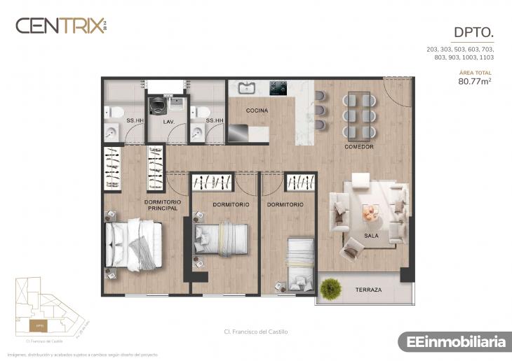 Plano del modelo Tipo 03 del proyecto Centrix 28 en Miraflores