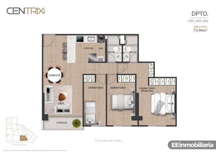 Plano del modelo Dpto. 1503 del proyecto Centrix 28 en Miraflores