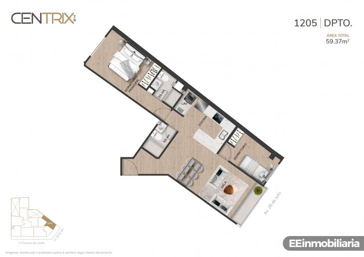 Plano del modelo Dpto. 1205 del proyecto Centrix 28 en Miraflores