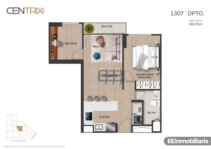 Plano del modelo Dpto. 1307 del proyecto Centrix 28 en Miraflores