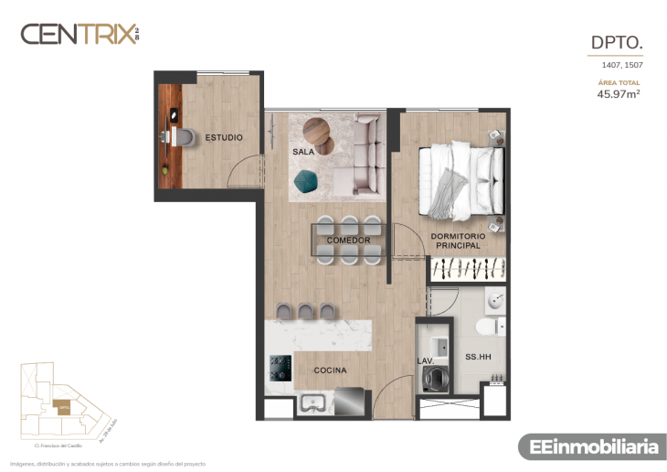 Plano del modelo Dpto. 1407 del proyecto Centrix 28 en Miraflores