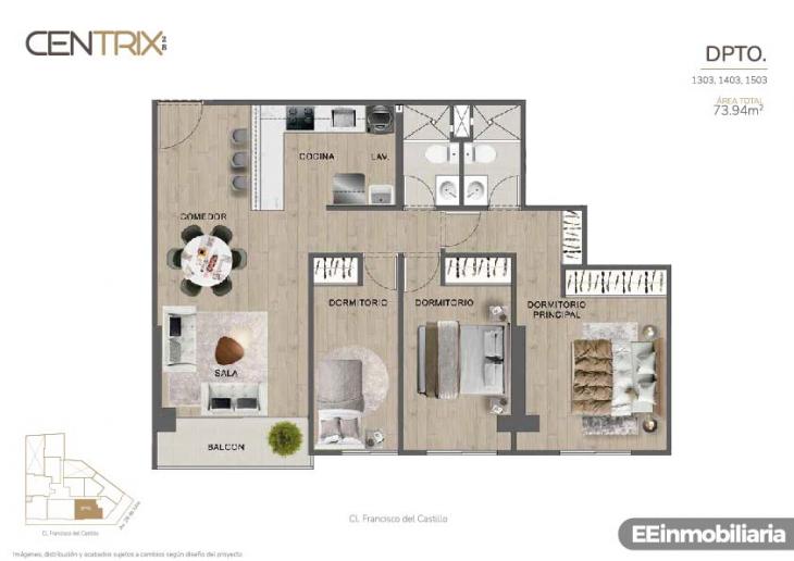 Plano del modelo Dpto. 1503 del proyecto Centrix 28 en Miraflores