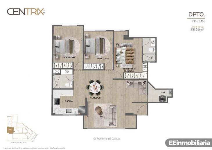 Plano del modelo Dpto. 1501 del proyecto Centrix 28 en Miraflores