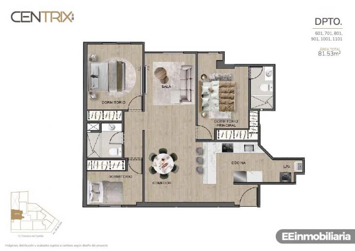 Plano del modelo Dpto. 701 del proyecto Centrix 28 en Miraflores