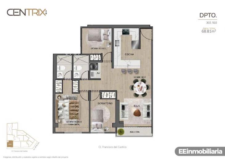 Plano del modelo Dpto. 502 del proyecto Centrix 28 en Miraflores