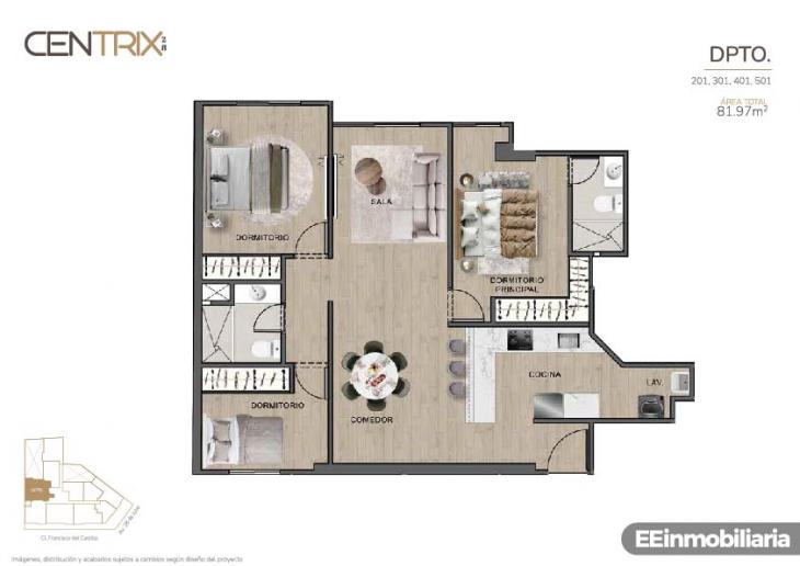 Plano del modelo Dpto. 501 del proyecto Centrix 28 en Miraflores