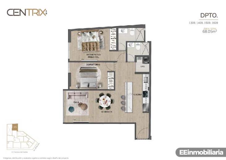 Plano del modelo Dpto. 1509 del proyecto Centrix 28 en Miraflores