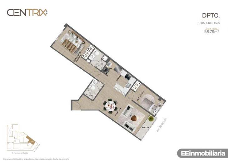 Plano del modelo Dpto. 1405 del proyecto Centrix 28 en Miraflores