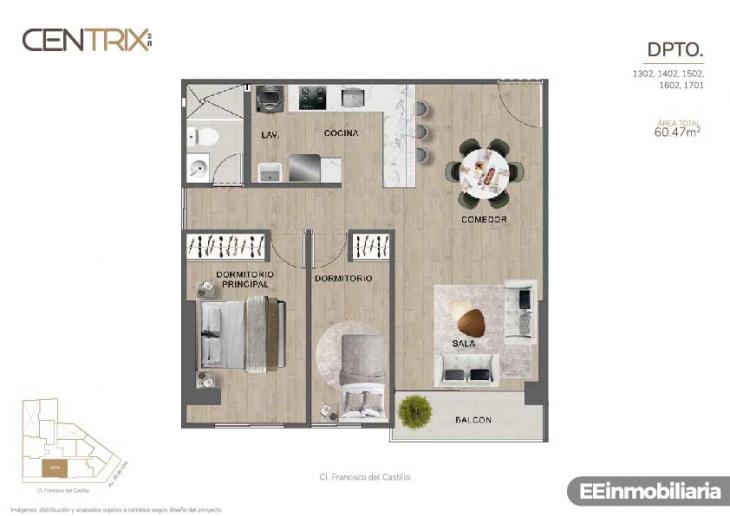 Plano del modelo Dpto. 1502 del proyecto Centrix 28 en Miraflores