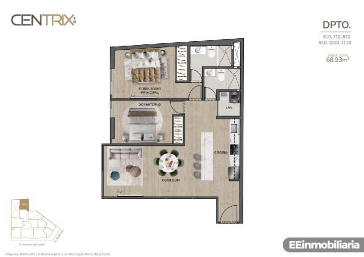 Plano del modelo Dpto.1010 del proyecto Centrix 28 en Miraflores