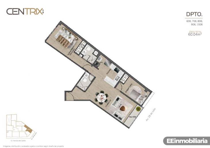 Plano del modelo Dpto.606 del proyecto Centrix 28 en Miraflores