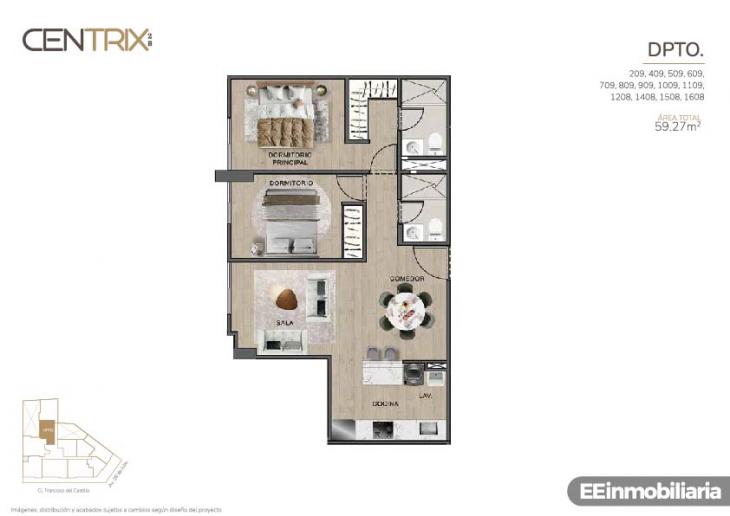 Plano del modelo Dpto. 1208 del proyecto Centrix 28 en Miraflores