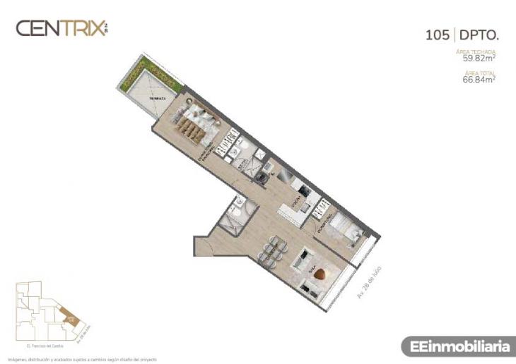 Plano del modelo Dpto. 105 del proyecto Centrix 28 en Miraflores
