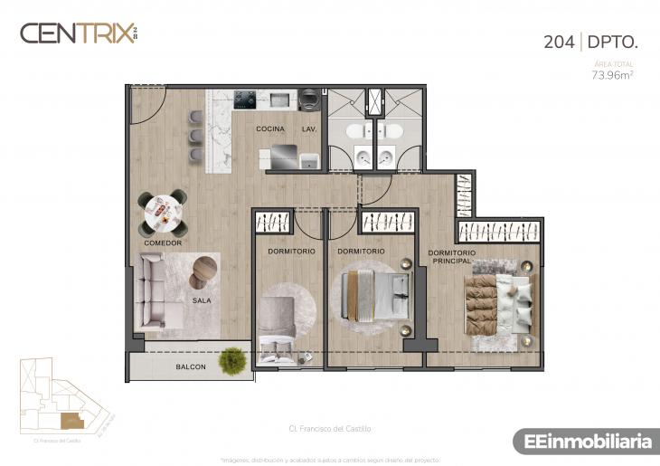 Plano del modelo Dpto. 204 del proyecto Centrix 28 en Miraflores