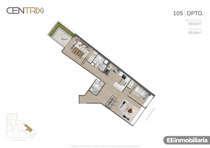 Plano del modelo Dpto. 105 del proyecto Centrix 28 en Miraflores