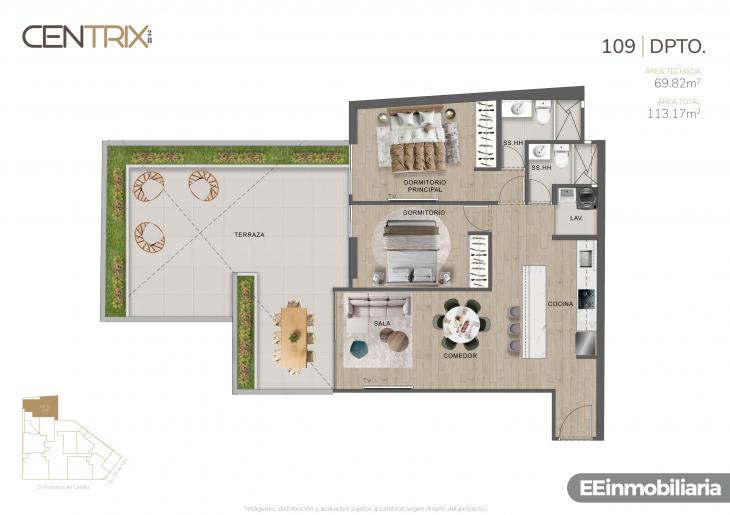 Plano del modelo Dpto. 109 del proyecto Centrix 28 en Miraflores