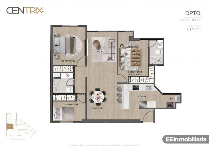 Plano del modelo Dpto. 201 del proyecto Centrix 28 en Miraflores