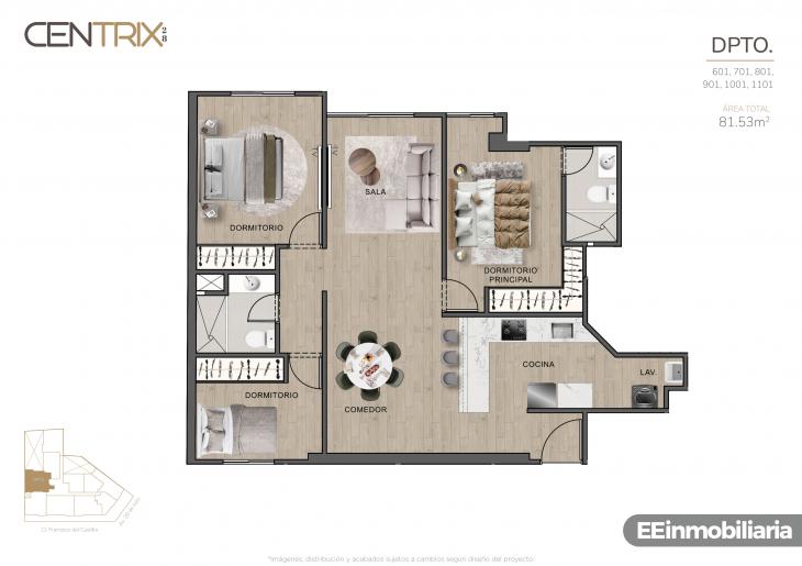 Plano del modelo Dpto. 601 del proyecto Centrix 28 en Miraflores