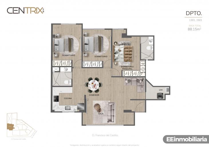 Plano del modelo Dpto. 1301 del proyecto Centrix 28 en Miraflores