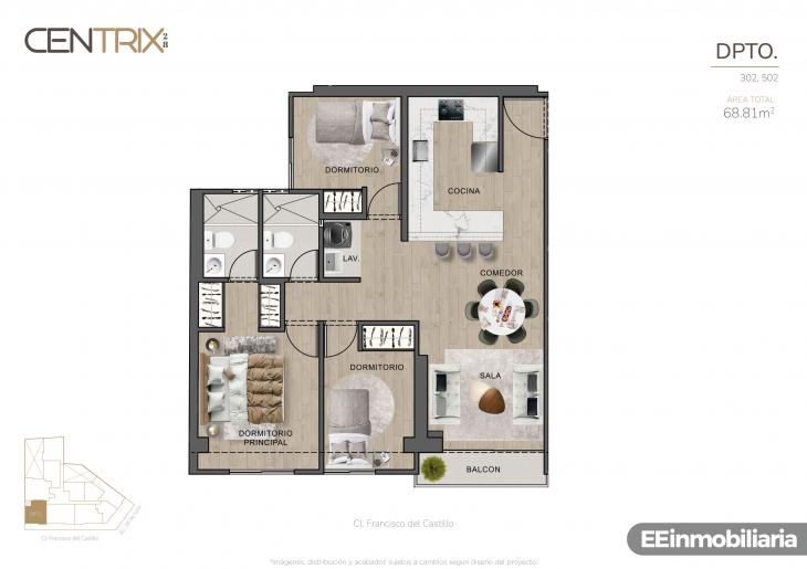 Plano del modelo Dpto. 502 del proyecto Centrix 28 en Miraflores