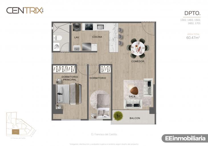 Plano del modelo Dpto. 1502 del proyecto Centrix 28 en Miraflores