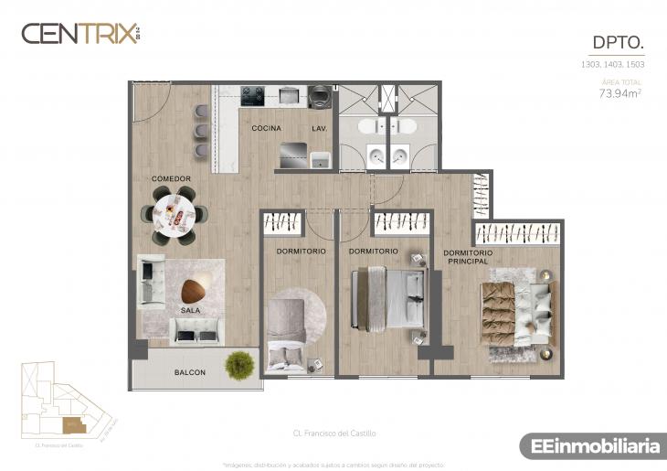 Plano del modelo Dpto. 1503 del proyecto Centrix 28 en Miraflores