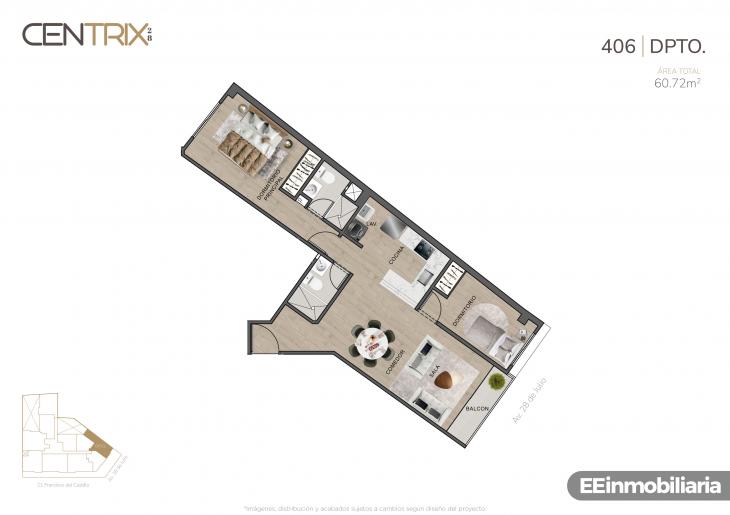 Plano del modelo Dpto.406 del proyecto Centrix 28 en Miraflores