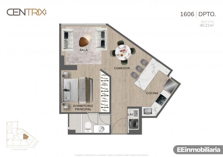 Plano del modelo Dpto. 1606 del proyecto Centrix 28 en Miraflores