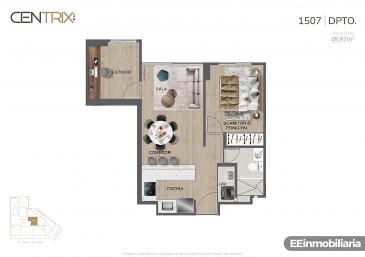 Plano del modelo Dpto. 1507 del proyecto Centrix 28 en Miraflores