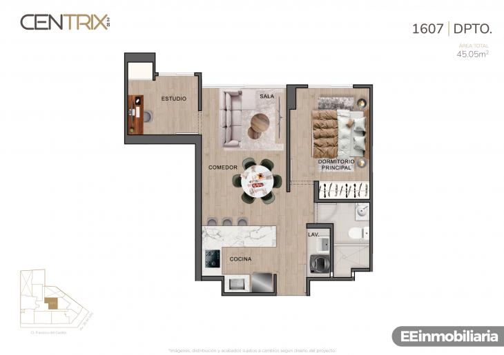 Plano del modelo Dpto. 1607 del proyecto Centrix 28 en Miraflores