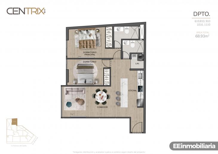 Plano del modelo Dpto. 610 del proyecto Centrix 28 en Miraflores